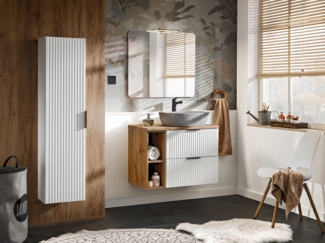 ADEL Badmöbel-Set 80 cm mit Waschtischplatte, Anna-Aufsatzwaschbecken, Hochschrank und Spiegel (46x80cm), Weiß matt,Eiche Wotan