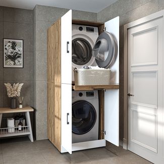 Roomart Waschmaschinenschrank " DORA " für Trockner & Waschmaschine, in 4 Farben, mit Türen & Ausziehbrett • Weiß • Weiß Eiche • Anthrazit Eiche • Eiche