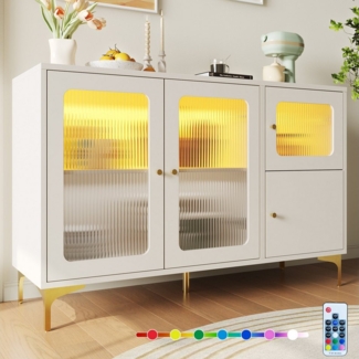 Flieks Sideboard mit Led-Beleuchtung (1 St, mit goldenen Metallbeinen und Griffen), Aufbewahrungsschrank mit 4 Glastüren Wohnzimmer, Breite 140 cm