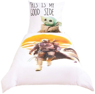 Carbotex Bettwäsche Mandalorian Grogu Baby Yoda Disney Star Wars 135x200cm, Renforcé, 2 teilig, Weiß/Gelb, mit Reißverschluss