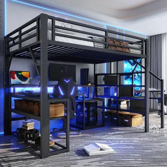 Hochbett mit RGB LED-Streifen, Schreibtisch, Regal, Lattenrost, Treppe, Rausfallschutz, Steckdosen und USB, 140x200 cm, Metallbett, Kinderbett