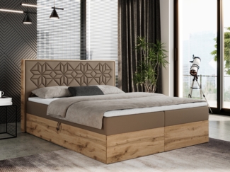 Boxspringbett mit Kopfteil und Topper, Polsterbett - NESSI - 120 x 200 cm - Braun Kunstleder - H3 - Topper Visco