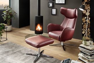 KAWOLA RANDY Drehsessel mit Wippfunktion und Hocker Leder rot 117 x 96 x 79 cm