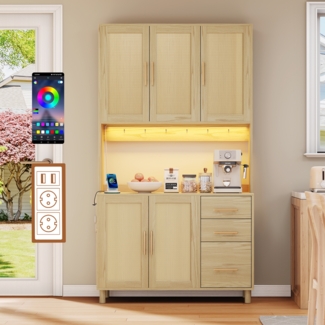 Merax 183cm Küchenanrichte, Buffet, App-gesteuerte LED-Deko-Lichter, 2 x USB, 2 x Steckdosen, verstellbare Einlegeböden, 3 Schubladen, Natur