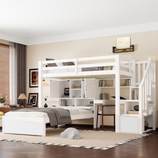 Merax Etagenbett Hochbett (90 x 200 cm) Kinderbett mit integriertem Schreibtisch und Treppe, Staufächern und Regalen, Weiß