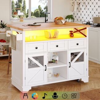 Merax Kücheninsel, Küchenschrank, Multifunktionaler Küchenwagen mit App LED und Klapptisch, Sideboard mit Stauraum, Servierwagen Rollbar mit 3 Schubladen und 2 Schranktüren