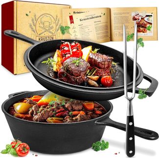 Krustenzauber Schmortopf Gusseisen Topf [inkl. Fleischgabel] -, (Robuster 26cm Gusseisen Bräter mit Deckel Backofengeeignet, Ideal als Schmortopf Induktion, Dutch Oven Set, Kazan, Cast Iron Pot)