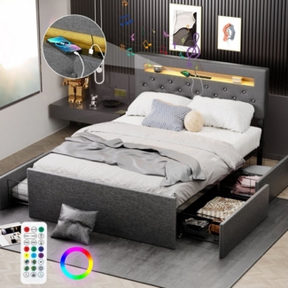 LOVONLIVE Polsterbett LED Polsterbett 140x200cm Doppelbett mit 4 Schubladen Lautsprecher (Modernes Polsterbett mit Lattenrost, Stauraum und LED-Beleuchtung, 4 Bettkästen für Stauraum, LED-Leiste mit 16 Farboptionen), Komfortables Kopfteil, Bluetooth-La...