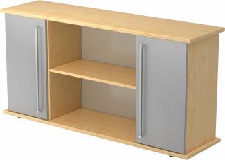 bümö Sideboard Ahorn/Silber mit Flügeltüren & Regal - Büromöbel Sideboard Holz 166cm breit, 45cm schmal, Büro Schrank für Flur oder als Wohnzimmer-Kommode mit Chromgriff, SB2T-3-S-CE