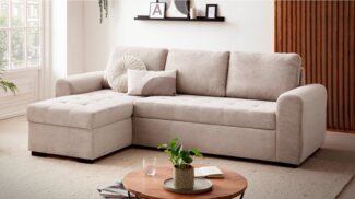 Massivart® Ecksofa POLL Cord beige / 243 cm, Cordsofa / Bettfunktion / Bettkasten / Nosagfederung