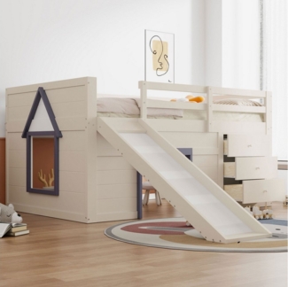 Flieks Hochbett Hausform Kinderbett 140x200cm mit 3 Schubladen, Leiter und Rutsche