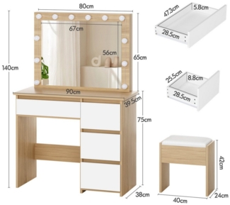 ALFORDSON Schminktisch mit Spiegel, 4 Schubladen & Aufbewahrungshocker, LED-Beleuchtung (Schminktisch-Set für Damen- und Mädchenschlafzimmer, 1-St), 90 cm lange Schreibtischplatte