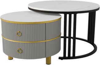 Couchtisch-Set 70x70x46 cm + 50x50x40 cm, 2‑teiliger runder MDF-Tisch mit Marmormuster und hochglänzender Platte, grau， Schwarz und grau