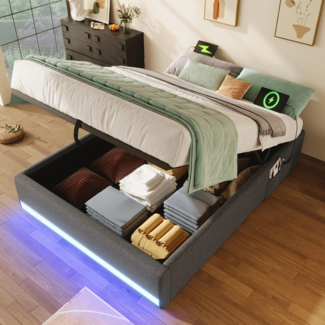 Futonbett mit LED-Beleuchtung, Aufbewahrung und Mehrfachsteckdose, 90x200 cm, Einzelbett ohne Kopfteil, Leinen