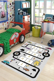 Jungengel Teppich Kinderteppich Hüpfspiel mit Autos und Verkehrsschildern, Spiel und Lernen in einem kindgerechten Design