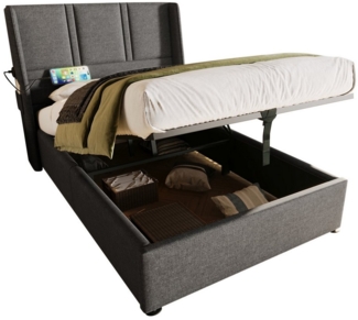 Flieks Polsterbett, Hydraulisches Einzelbett 90x200cm mit USB/Typ-C Laden und Seitentasche