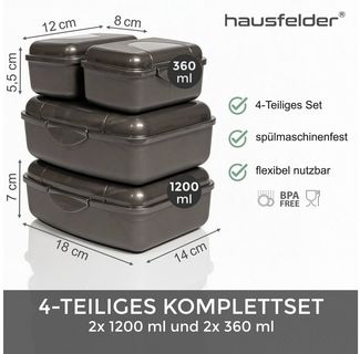 Hausfelder Lunchbox Brotdosen 4er Set hoch anthrazit, Kunststoff, (4er Set, 4-tlg, 2 große Brotdosen und 2 kleine Snackboxen), spülmaschinengeeignet, langlebig, bruchfest, BPA-frei