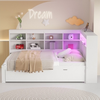 REDOM Stauraumbett mit USB-Steckdose und LED-Beleuchtung, mit Regalen und Ablagefächern (mit Schubladen,Kinderbett Jugendbett, 140x200 cm), ohne Matratze