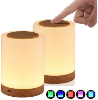 WILGOON LED Nachtlicht Nachttischlampe, USB Touch Dimmbar Atmosphäre Licht 10 Farben + 4 Modi, LED fest integriert, Bunt, Nachtlicht mit Holzmaserung für Camping Schlafzimmer Kinderzimmer