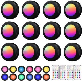 OYLCDI Unterschrankleuchte 3/6/9/12 Stück Batteriebetrieben LED RGB Spots mit Fernbedienung, 13 Farbwechsel Kabellos Vitrinenbeleuchtung, Küche LED Lampe zum Kleben Schranklicht, Dimmbar Unterbauleuchte, Nachtlicht mit Fernbedienung und Timing-Funktion