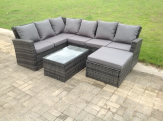 Fimous 7 Sitzer Hoher Rücken Rattan Gartenmöbel-Set Ecksofa mit Länger Couchtisch Hocker