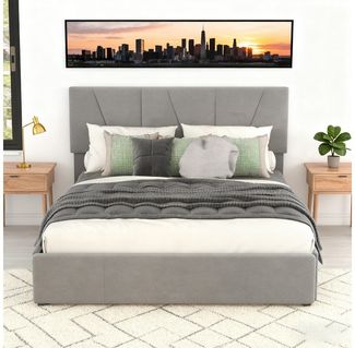 MODFU Bett mit verstellbarem Kopfteil und 4 seitlichen Schubladen (Doppelbett mit stabilem Rahmen & großem Stauraum, Stauraumbett 140x200 cm), Inklusive Matratze