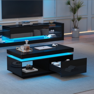 Hochglanz TV-Schrank 181cm & Couchtisch Schwarz LED Beleuchtung Wohnzimmermöbel modern elegant