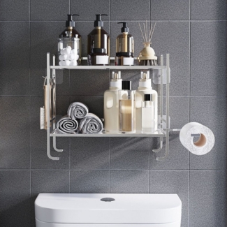 GarveeMore Badregal Neu Über der Toilette Lagerung Regal, 2-Tier Bad Lagerung Organizer, Mit Papierhalter und 2 Haken platzsparendes Metallregal zur Aufbewahru