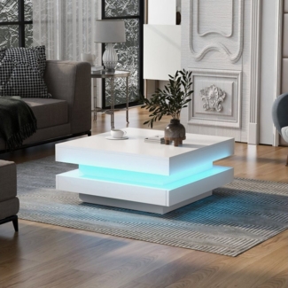 OKWISH Couchtisch Moderner technologischer, mit 16-farbiger LED-Beleuchtung, 70 x 70 x 36 cm