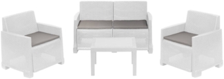 Dmora Outdoor-Lounge-Set Atrito, Gartenkomposition mit 2 Sesseln, 1 Sofa und 1 Couchtisch, Rattan-Effekt mit Kissen, 100 % Made in Italy, Weiß