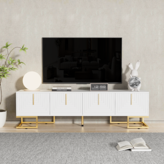 TV-Schrank 170 x 40 x 45,5 cm aus Spanplatte in Weiß mit 4 Türen & goldfarbenen Metallfüßen