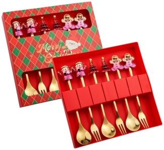 Coonoor Geschirr-Set 6 Stück Weihnachtslöffel Weihnachten Edelstahl Dessert Kaffeelöffel, Mit Weihnachtsbaum, Rentier, Weihnachtsmann und Lebkuchen dekoriert