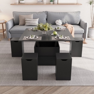 VOWNER Couchtisch Höhenverstellbarer, 4-in-1 Mehrzweckcouchtisch, 4 Stühle, Schwarz
