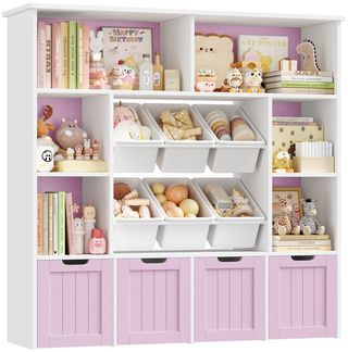 Homfa Kinderregal mit 4 Spielzeugkisten auf Rollen und 6 Boxen, Spielzeugregal mit 6 offenen Fächern Spielzeugtruhe 125 x 121 x 33 cm
