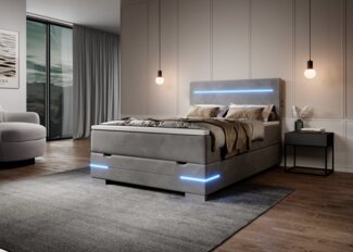 wonello Boxspringbett New York (Samtstoff), inkl. LED-Beleuchtung, Bettkasten, 2x USB-Anschluss und Topper