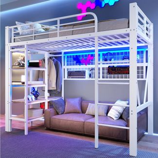 Odikalo Hochbett Kinderbett Jugendbett 90x200 140x200 mit LED und Stauraum (90x200 / 140x200 cm, Eisenrahmen, Ablagefach, Netz zum Aufhängen von Gegenständen, mit Kleiderstange, offener Raum unter dem Bett, mit LED-Lichtleiste, ohne Matratze, Schwarz /...