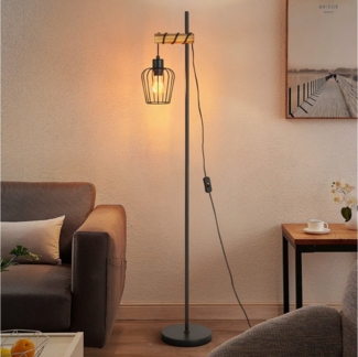 Nettlife Stehlampe Wohnzimmer Holz E27 Stehleuchte Vintage Schwarz Metall 152cm, mit Kippschalter, LED wechselbar, für Wohnzimmer, Schlafzimmer, Arbeitszimmer, Esszimmer