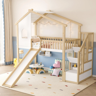 Hochbett mit Rutsche und Lattenrost, 90x200 cm, Kinderbett mit Rausfallschutz und Treppe, Spielbett, Kiefer