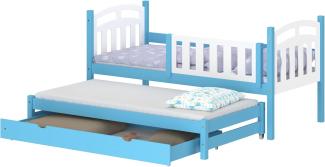 WNM Group Kinderbett Ausziehbar mit Rausfallschutz Suzie - aus Massivholz - Ausziehbett für Mädchen und Jungen - Bett mit Schublade - Funktionsbett 160x80 / 150x80 cm - Blau