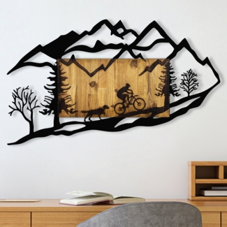 dekoratives Wandaccessoire aus Holz, 'Bicycle Riding in Nature 1', 65 x 3 x 110, Nussbaum, Schwarz