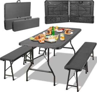 TLGREEN Bierzeltgarnitur Campingtisch, Pflegeleicht und tragbar, Klappbar 3-teilig Set, Gartenmöbel Set Wetterfest