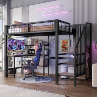 Merax Hochbett, 90*200cm Kinderbett Etagenbett Eisenbett, Untertisch, mehrere Einlegeböden, Einbauschrank, schwarz