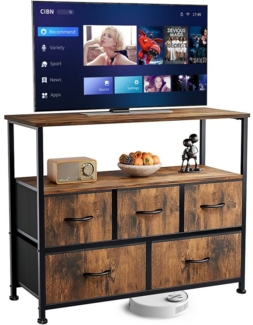 Refined Living TV-Schrank Stoffkommode mit 5 Schubladen mit Griffen stabilem Stahlrahmen (Hält 45“ TV mit offenen Regalen, Medienkonsole, Sideboards mit Holzoberfläche und Stoffschubladen TV-Board Lowboard) Kommode Geeignet für Kleidung, Kinder, Wohnrä...