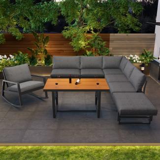 Merax Gartenmöbel-Set, 4-teiliges Set, 2 Sofas, 1 Tisch, 1 Schaukelstuhl, verstellbare Rückenlehne, verstellbarer Tisch, grau