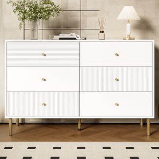 Kommode aus MDF mit 6 Schubladen, 120x40x78 cm, Weiß, Stahlbeine & Zinklegierung-Griffe