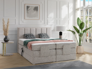 Vente-unique - Boxspringbett mit Bett-Kopfteil + elektrisch verstellbare Lattenroste + Matratzen + Topper - 2 x 80 x 200 cm - Stoff - Beige - KALASI von PALACIO