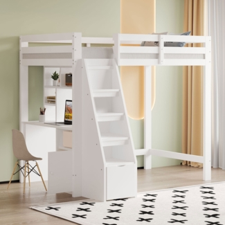 Merax Hochbett Kinderbett Einzelbett 90x200cm mit Stauraum-Treppe und Schreibtisch, weiß