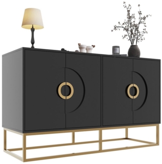 BlingBin Sideboard Esszimmerschrank, Freistehender Schrank, Beistellschrank, Anrichte (Buffetschrank mit 4 Türen, Rundzugring Schranktür, 1 St, 140×40×83cm, Tragendes Gewicht: 75KG), Geeignet Für Schlafzimmer, Wohnzimmer Esszimmer, MDF&Metall, Schwarz