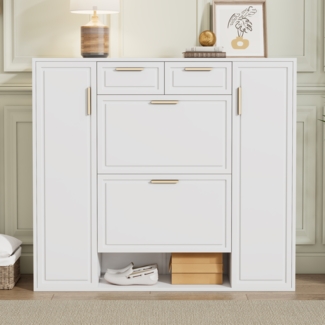 Moderner Schuhschrank 120 x 24 x 107 cm, Weiß, goldene Griffe, verstellbare Regale & Schubladen