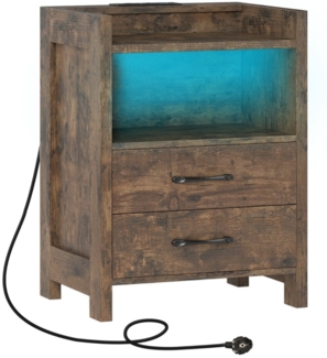 Nachttisch mit LED-Lichtern & Ladestation Nachtschrank mit 2 Schubladen & offenem Ablagefach Beistelltisch Rustikal Braun 45 x 35 x 60 cm